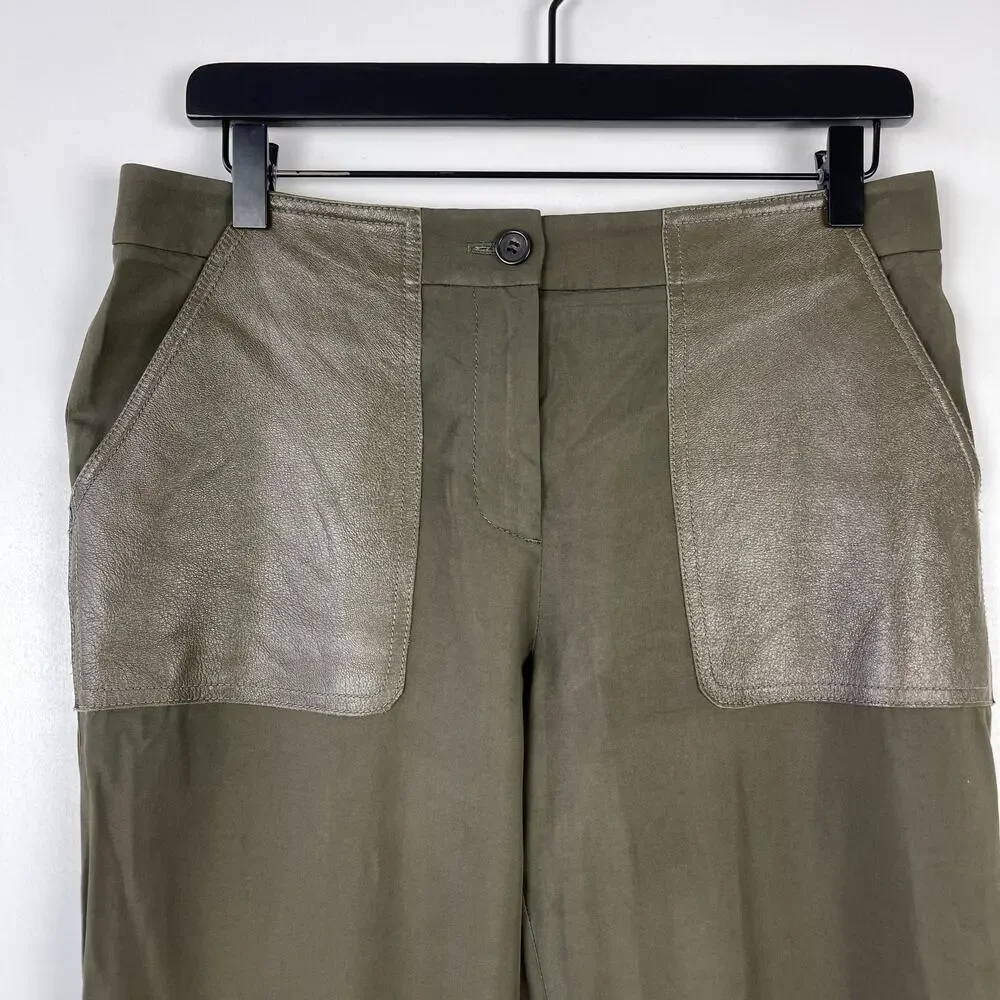 J.Crew Collection Womens High Rise Pants Leather Pockets Green Slim Ankle - 6